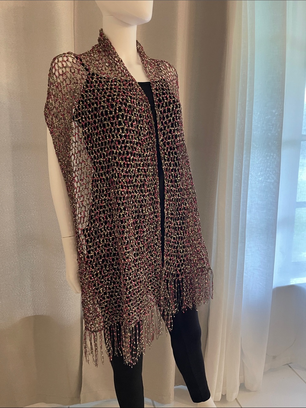 Open-Knit Fringe Women’s Sweater Vest in Burgundy and Black